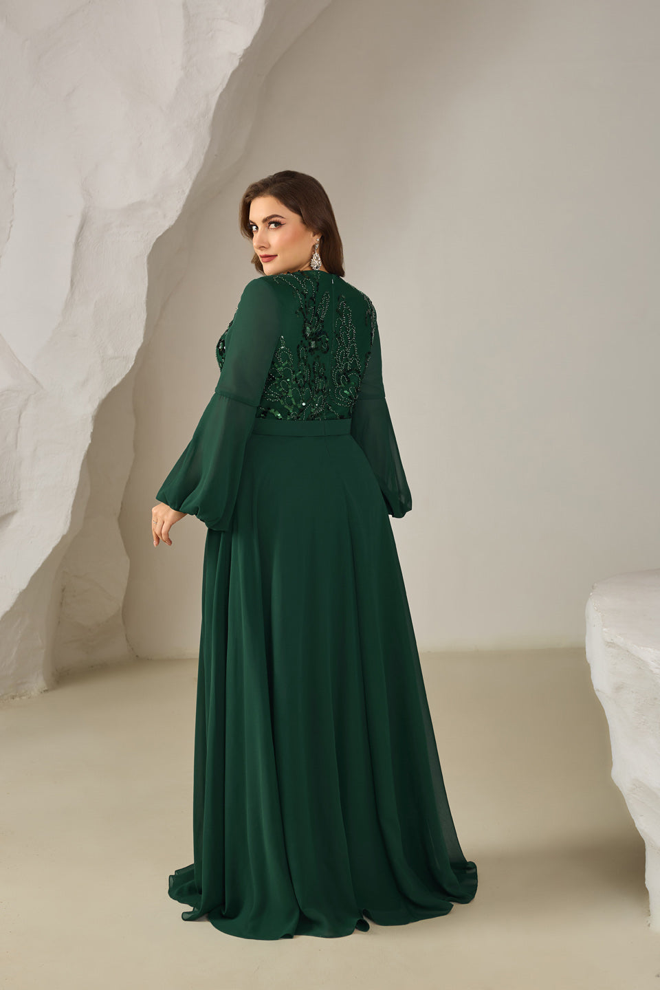 Sexy V Neck Long Sleeve Emerald Green Mother of the Bride Dress Chiffon Beaded  SF610 Sheer Fairy