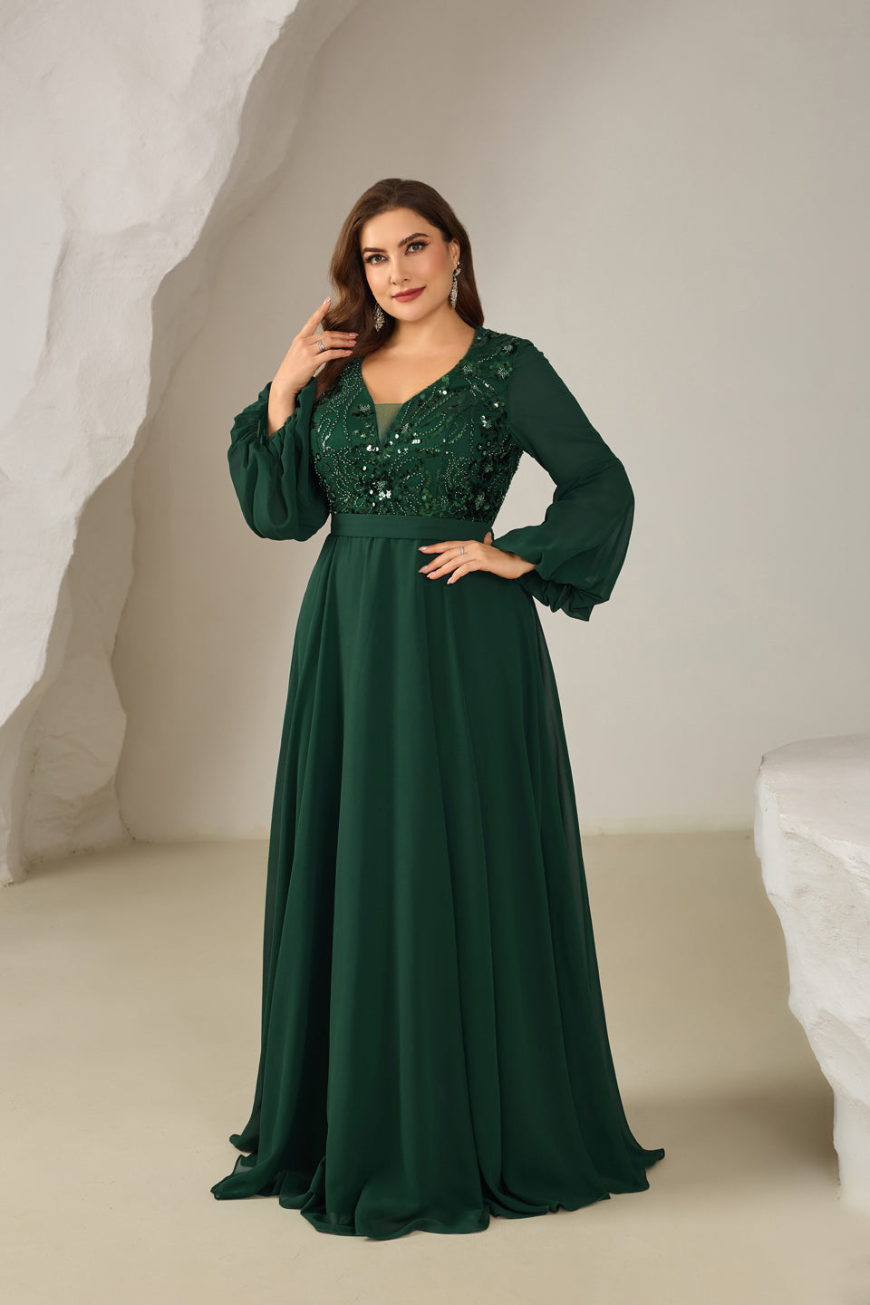 Plus Size Emerald Green Sequined Long Bell Sleeve Evening Dress SF610