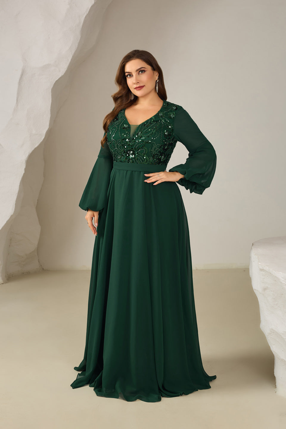 Plus Size Emerald Green Sequined Long Bell Sleeve Evening Dress SF610