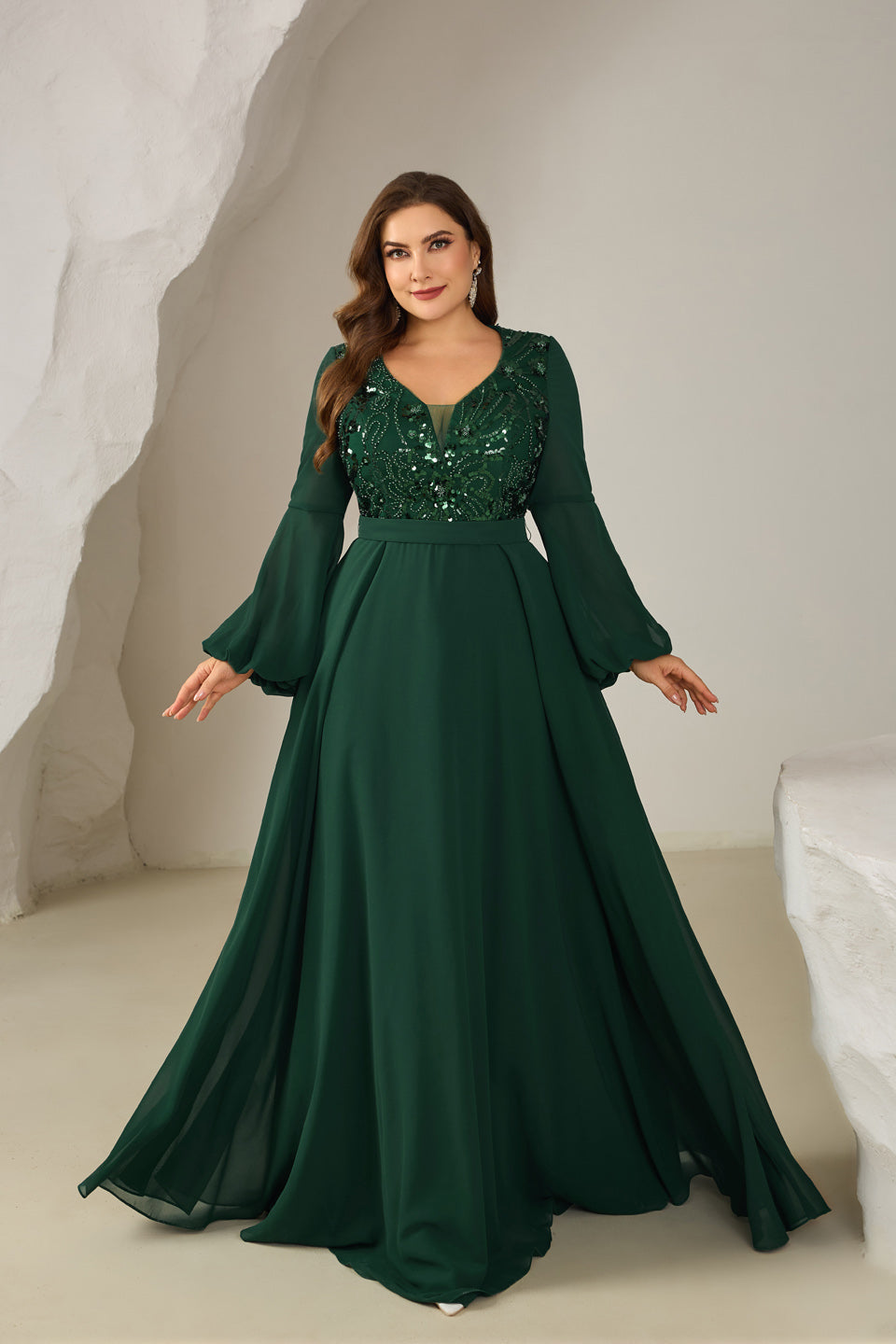 Plus Size Emerald Green Sequined Long Bell Sleeve Evening Dress SF610