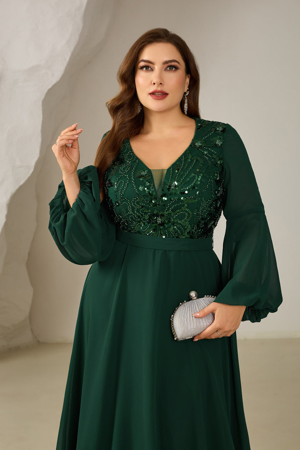 Plus Size Emerald Green Sequined Long Bell Sleeve Evening Dress SF610