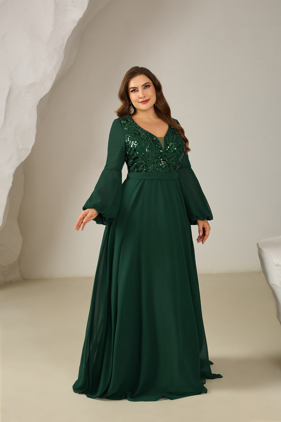 Plus Size Emerald Green Sequined Long Bell Sleeve Evening Dress SF610