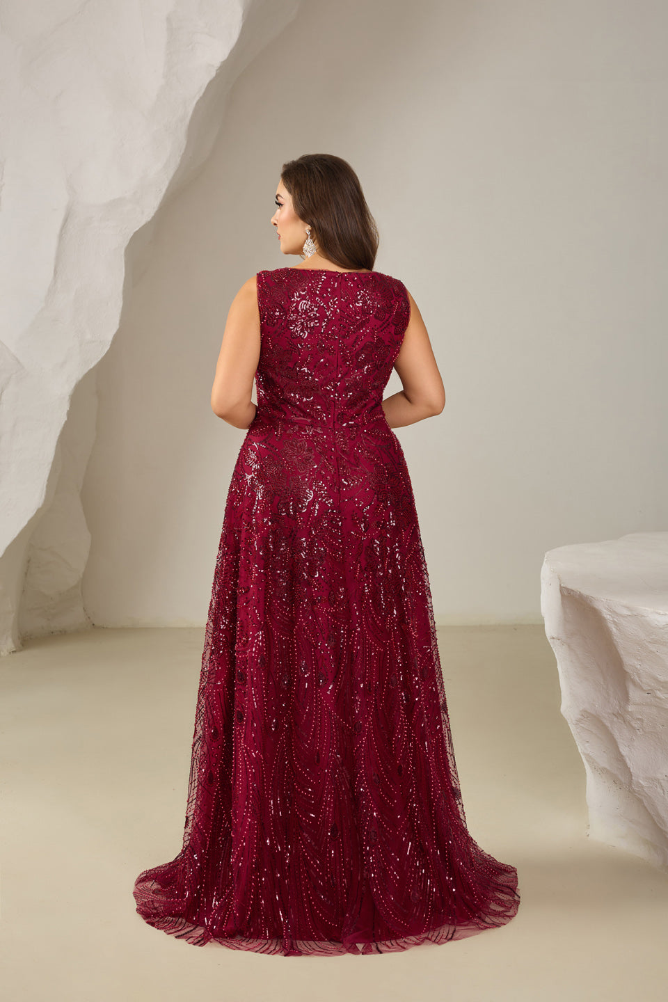 Plus Size Wine Red Sequined Plunging V-Neck Evening Dress SF615