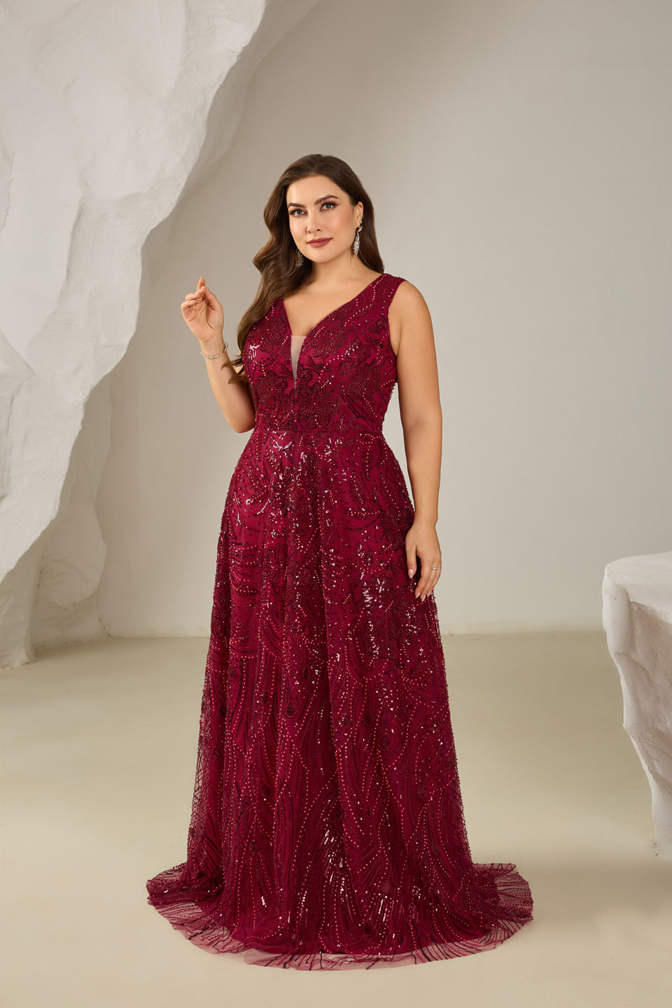 Plus Size Wine Red Sequined Plunging V-Neck Evening Dress SF615
