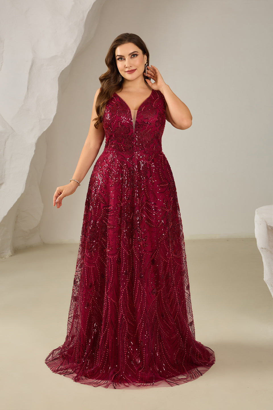 Plus Size Wine Red Sequined Plunging V-Neck Evening Dress SF615