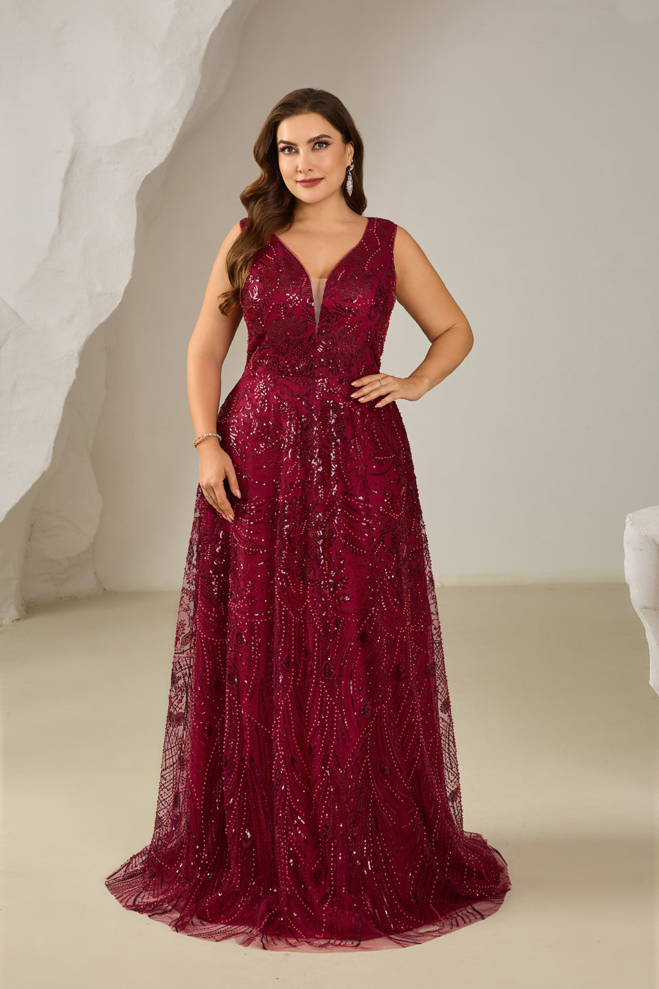 Plus Size Wine Red Sequined Plunging V-Neck Evening Dress SF615