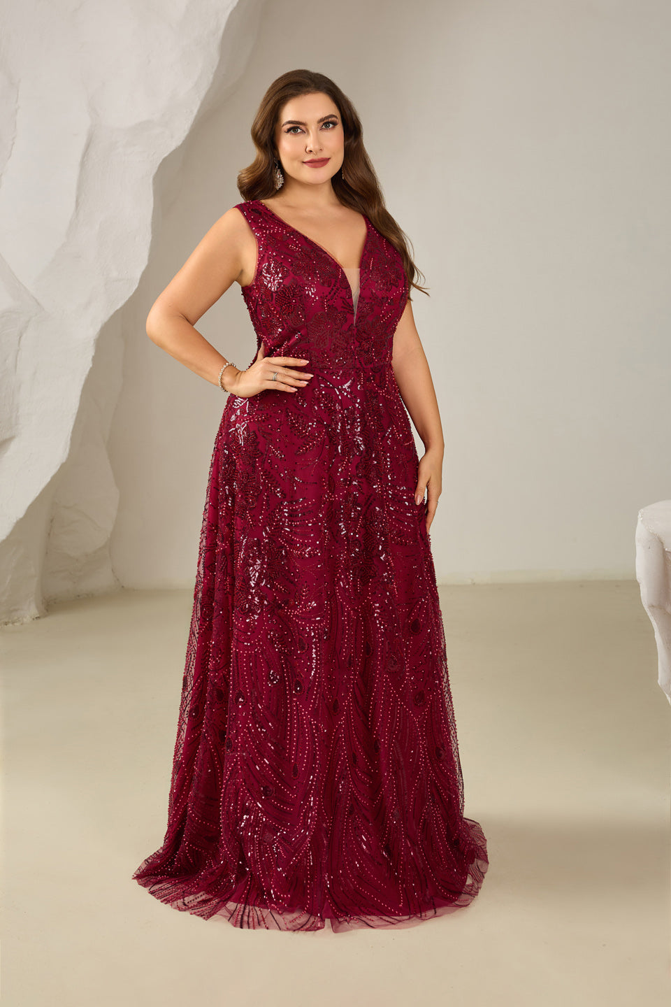 Plus Size Wine Red Sequined Plunging V-Neck Evening Dress SF615