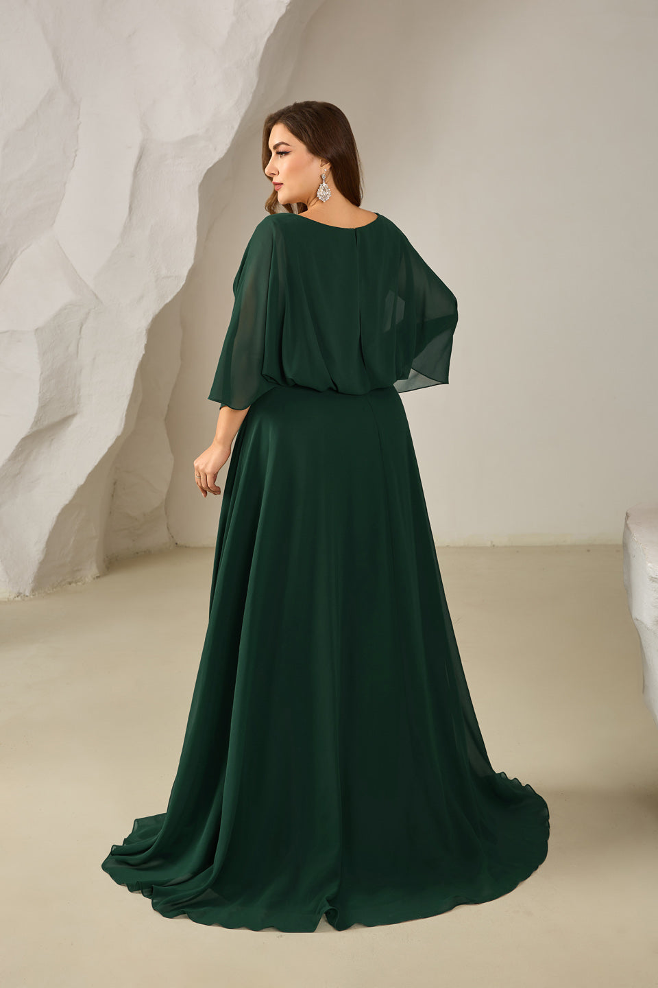 Emerald Green Chiffon Plus Size Mother of the Bride Dress with 3/4 Sleeve SF616 Sheer Fairy