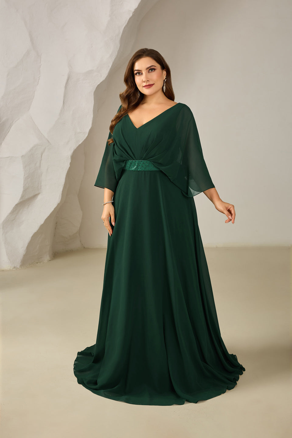 Emerald Green Chiffon Plus Size Mother of the Bride Dress with 3/4 Sleeve SF616 Sheer Fairy