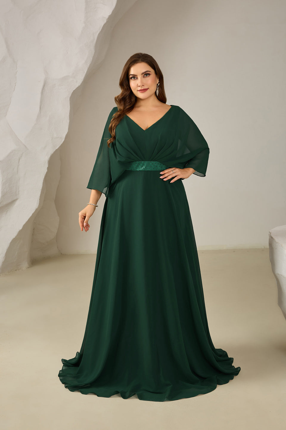 Emerald Green Chiffon Plus Size Mother of the Bride Dress with 3/4 Sleeve SF616 Sheer Fairy