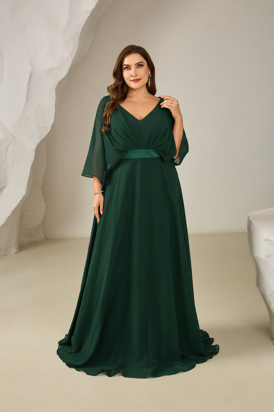 Emerald Green Chiffon Plus Size Mother of the Bride Dress with 3/4 Sleeve SF616 Sheer Fairy