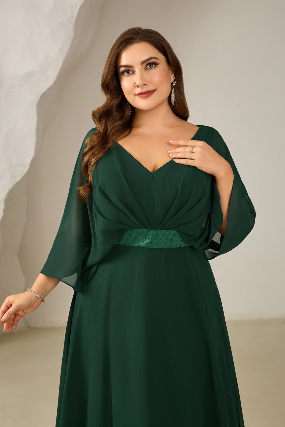 Emerald Green Chiffon Plus Size Mother of the Bride Dress with 3/4 Sleeve SF616 Sheer Fairy