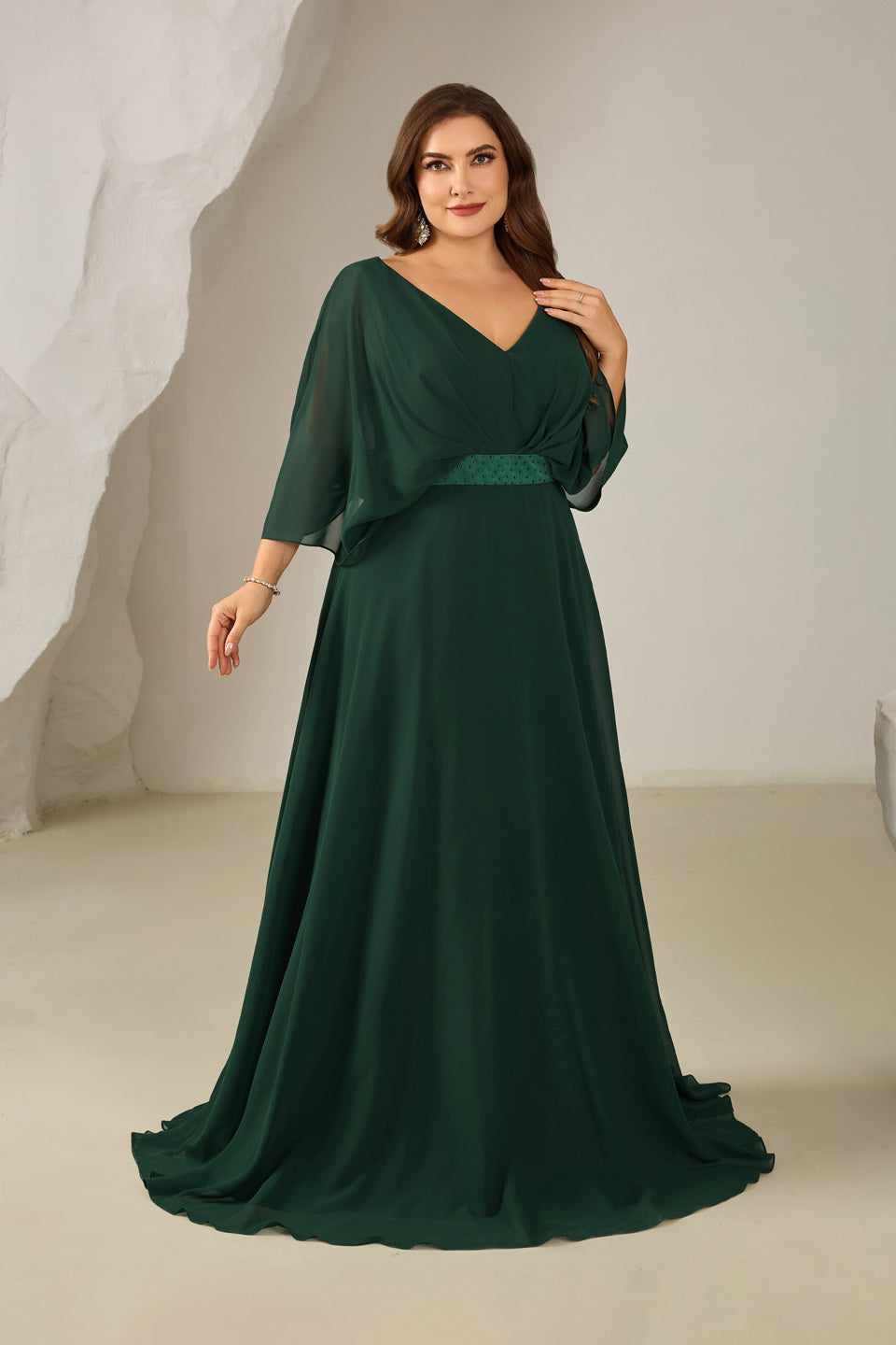 Emerald Green Chiffon Plus Size Mother of the Bride Dress with 3/4 Sleeve SF616 Sheer Fairy