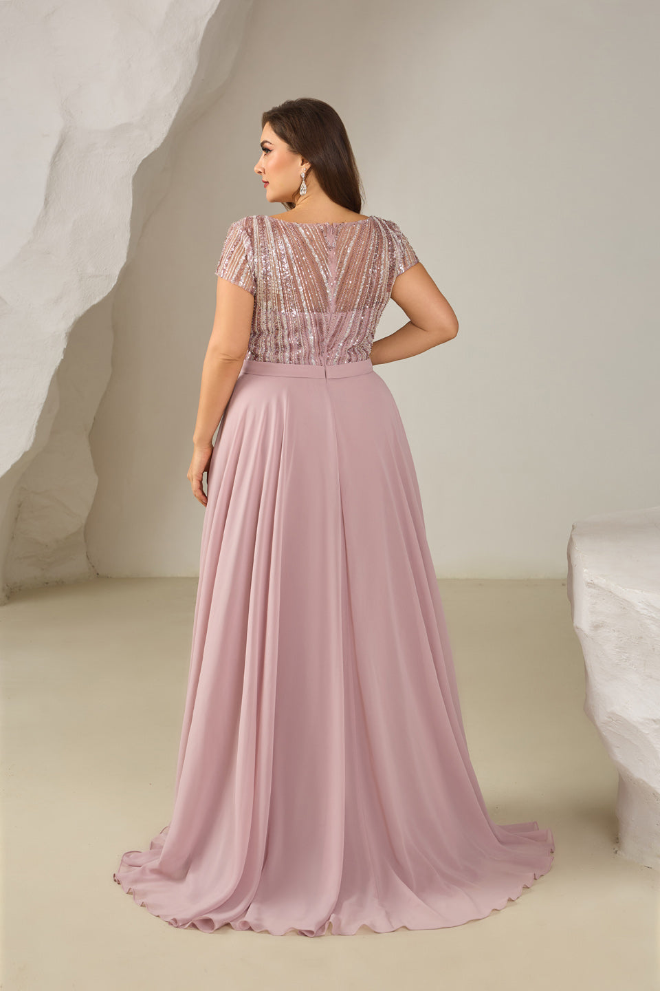 Blush Pink Beaded Bodice Chiffon A-Line Mother of the Bride Dress with Short Sleeves SF601 Sheer Fairy