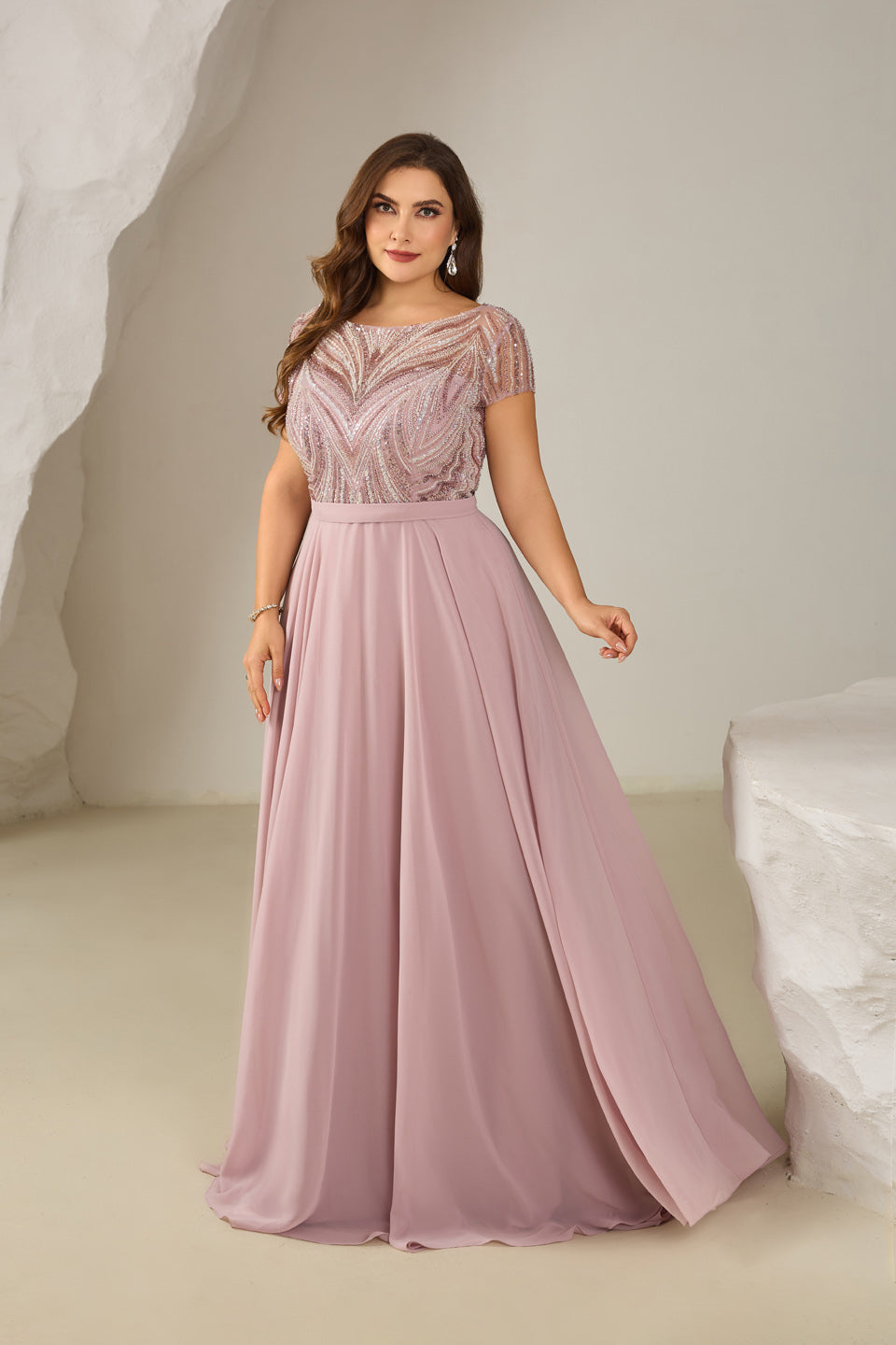 Blush Pink Beaded Bodice Chiffon A-Line Mother of the Bride Dress with Short Sleeves SF601 Sheer Fairy