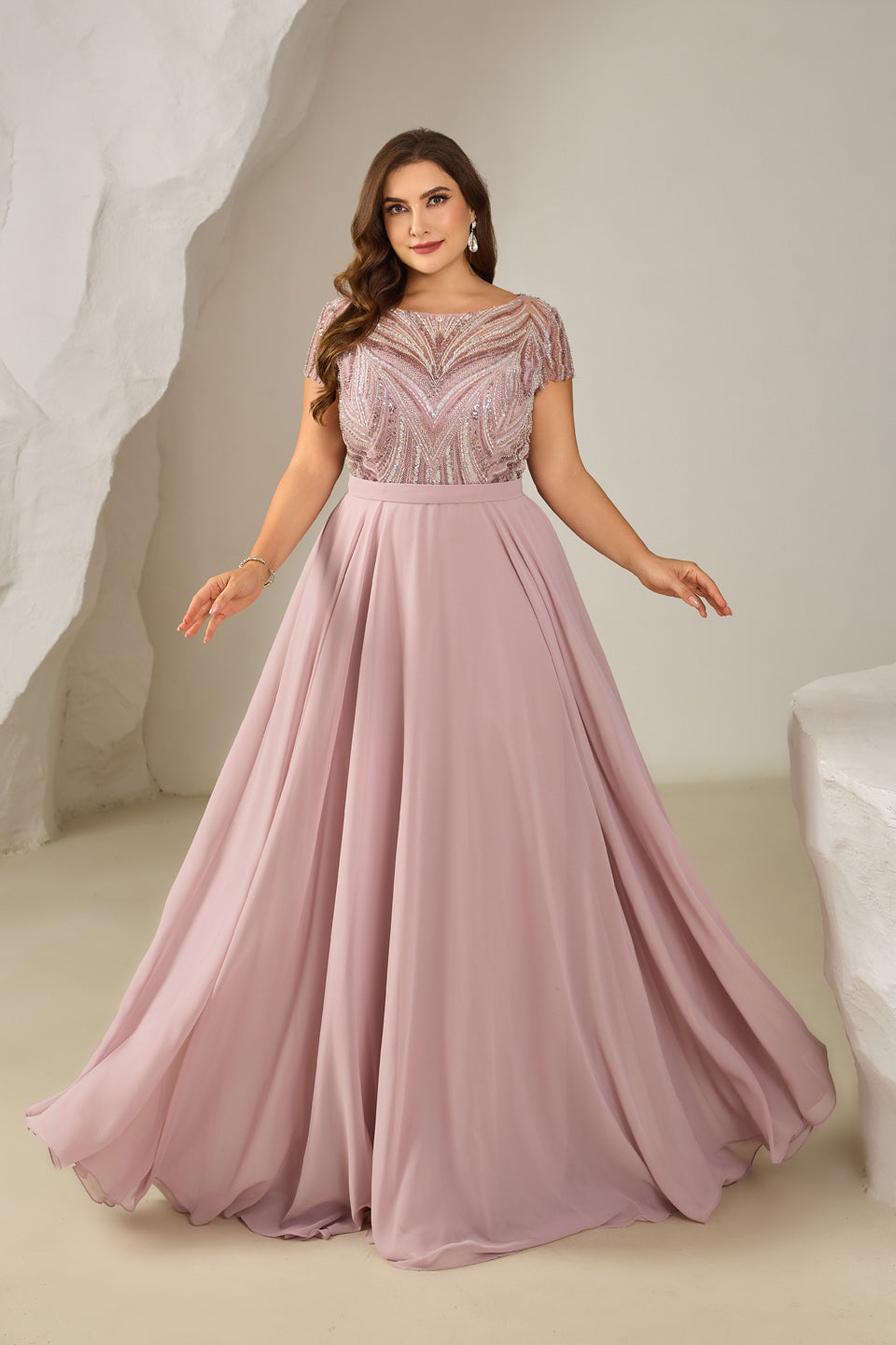 Blush Pink Beaded Bodice Chiffon A-Line Mother of the Bride Dress with Short Sleeves SF601 Sheer Fairy