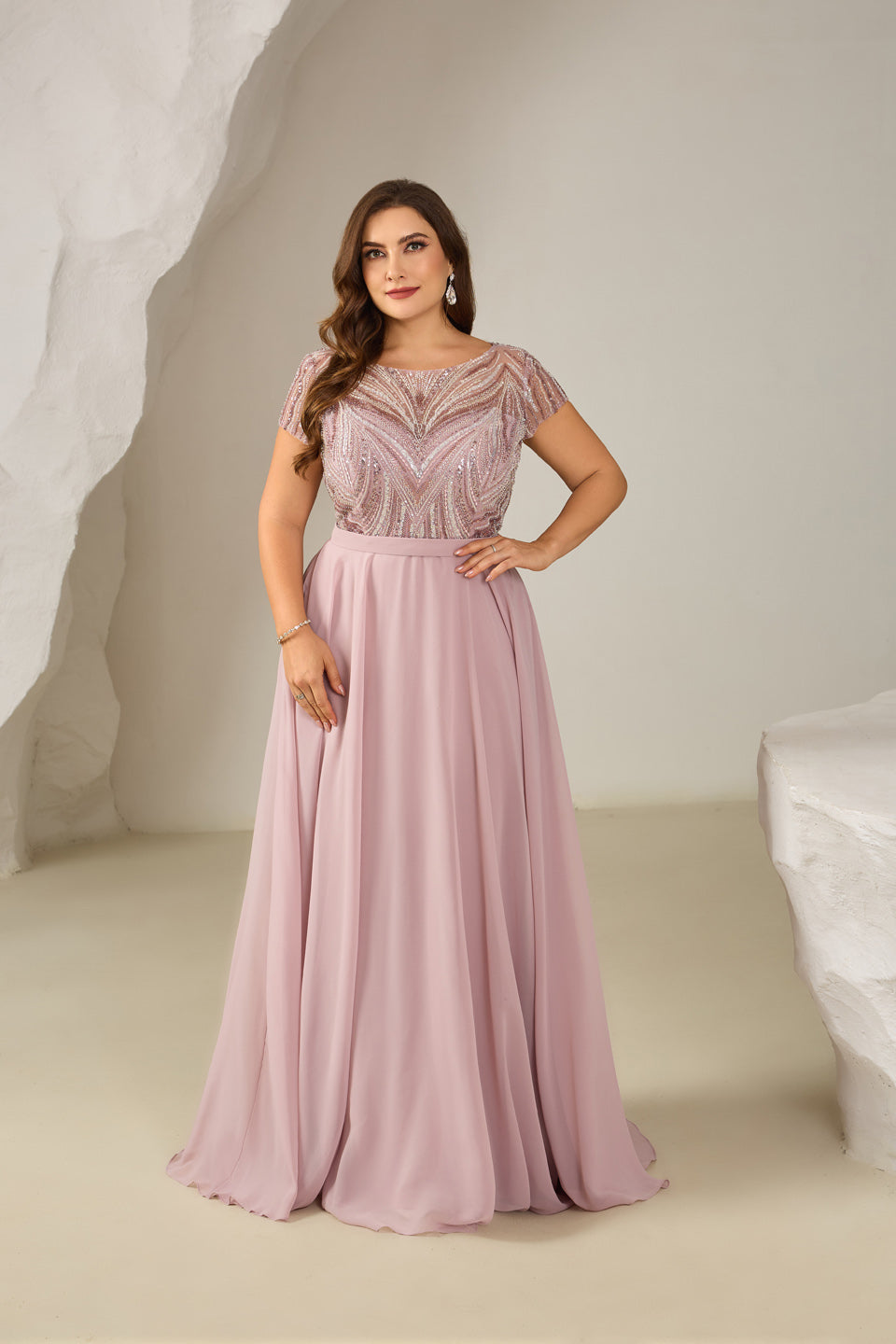 Blush Pink Beaded Bodice Chiffon A-Line Mother of the Bride Dress with Short Sleeves SF601 Sheer Fairy