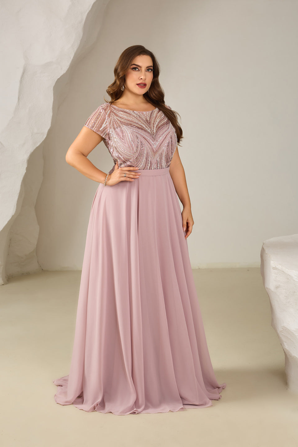 Blush Pink Beaded Bodice Chiffon A-Line Mother of the Bride Dress with Short Sleeves SF601 Sheer Fairy
