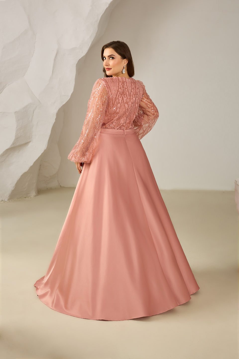 Long Sleeve Beaded Bodice Satin Plush Pink Mother of the Bride Dress Plus Size SF620 Sheer Fairy