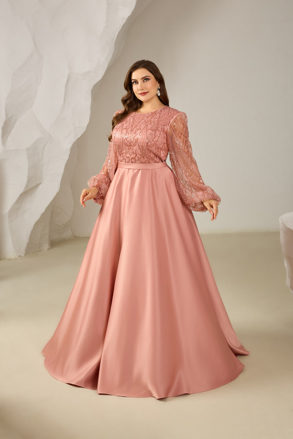 Long Sleeve Beaded Bodice Satin Plush Pink Mother of the Bride Dress Plus Size SF620 Sheer Fairy