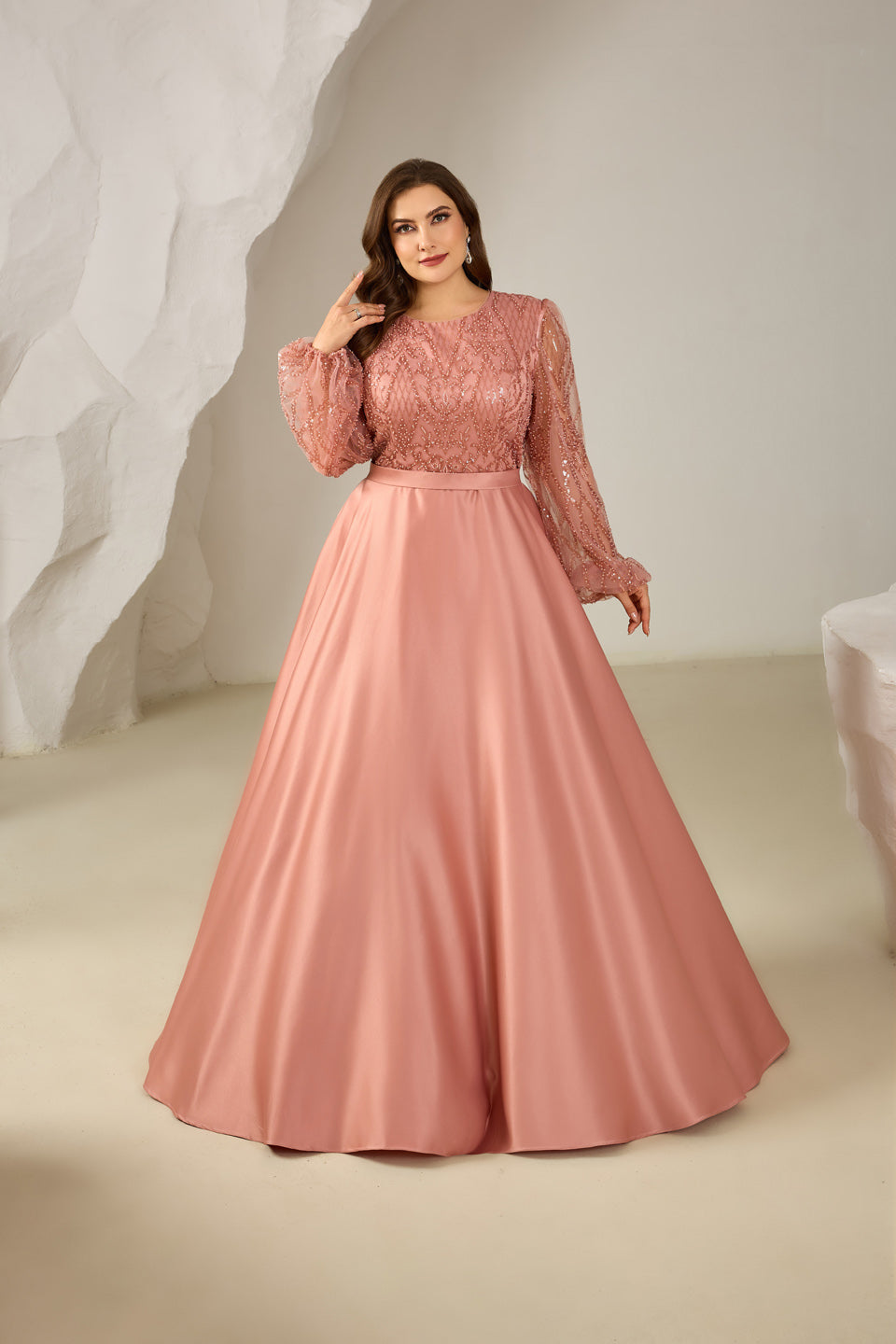 Long Sleeve Beaded Bodice Satin Plush Pink Mother of the Bride Dress Plus Size SF620 Sheer Fairy