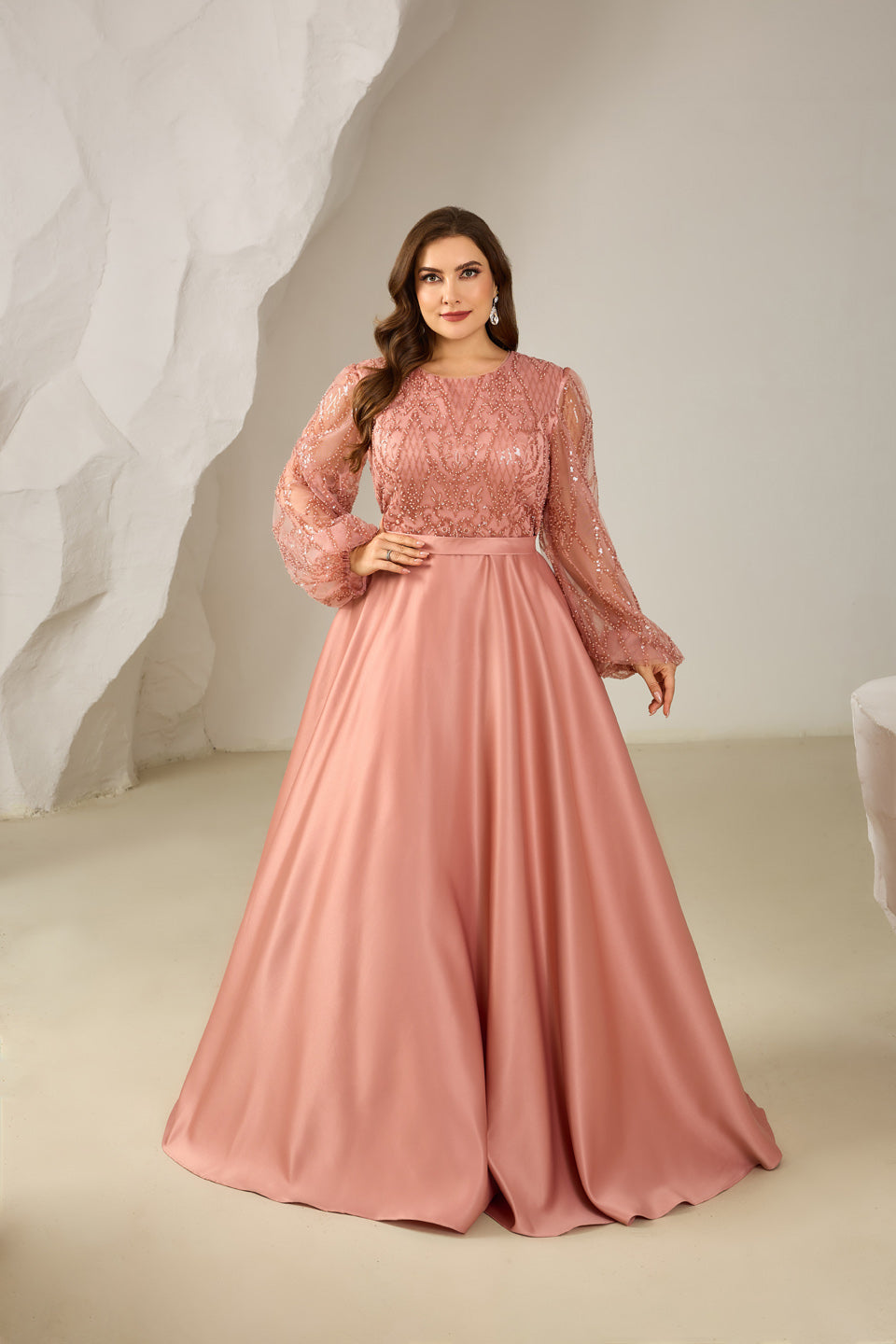 Long Sleeve Beaded Bodice Satin Plush Pink Mother of the Bride Dress Plus Size SF620 Sheer Fairy