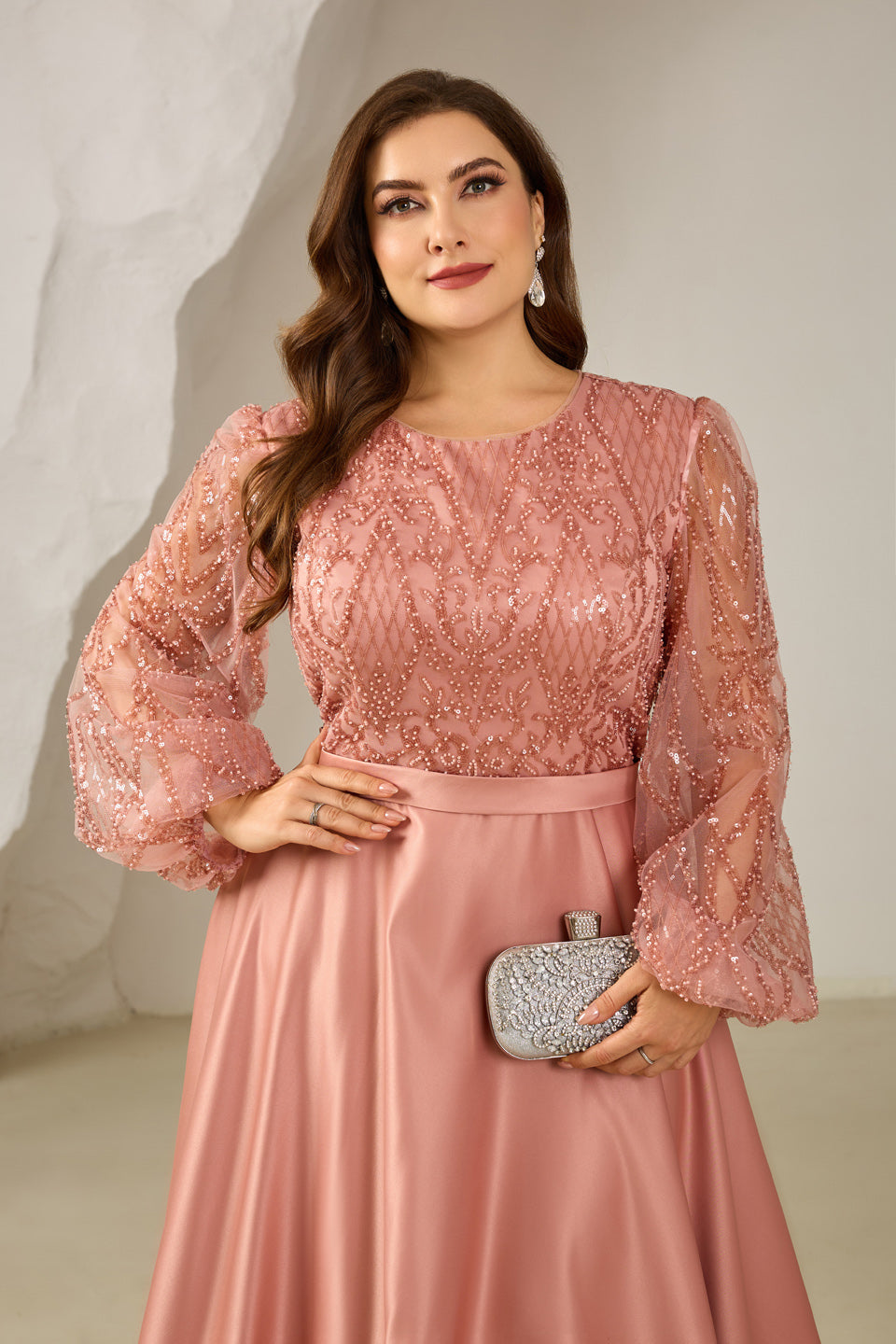 Long Sleeve Beaded Bodice Satin Plush Pink Mother of the Bride Dress Plus Size SF620 Sheer Fairy