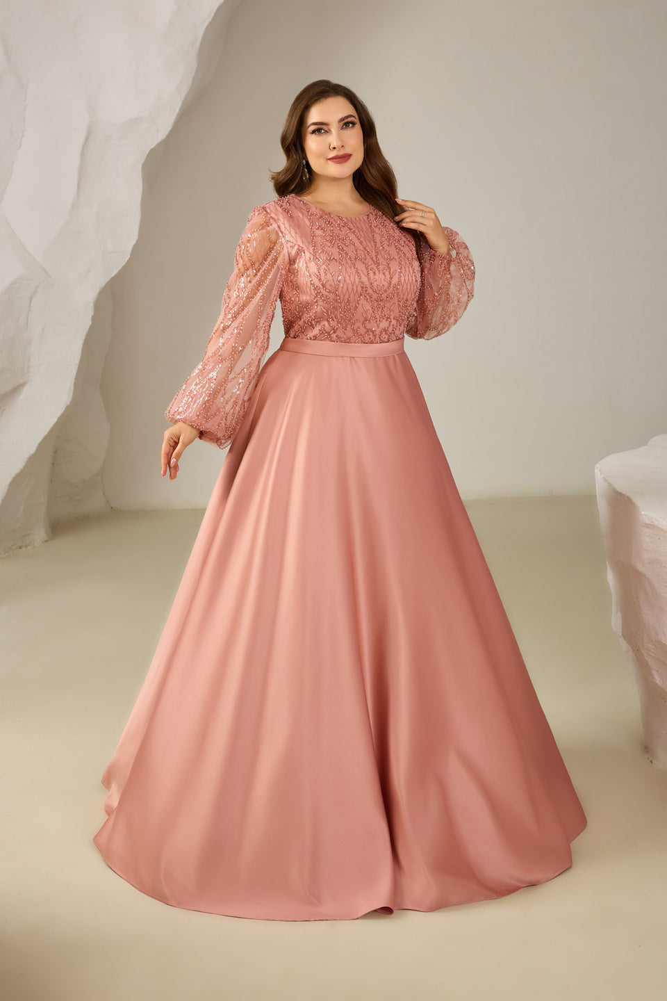 Long Sleeve Beaded Bodice Satin Plush Pink Mother of the Bride Dress Plus Size SF620 Sheer Fairy