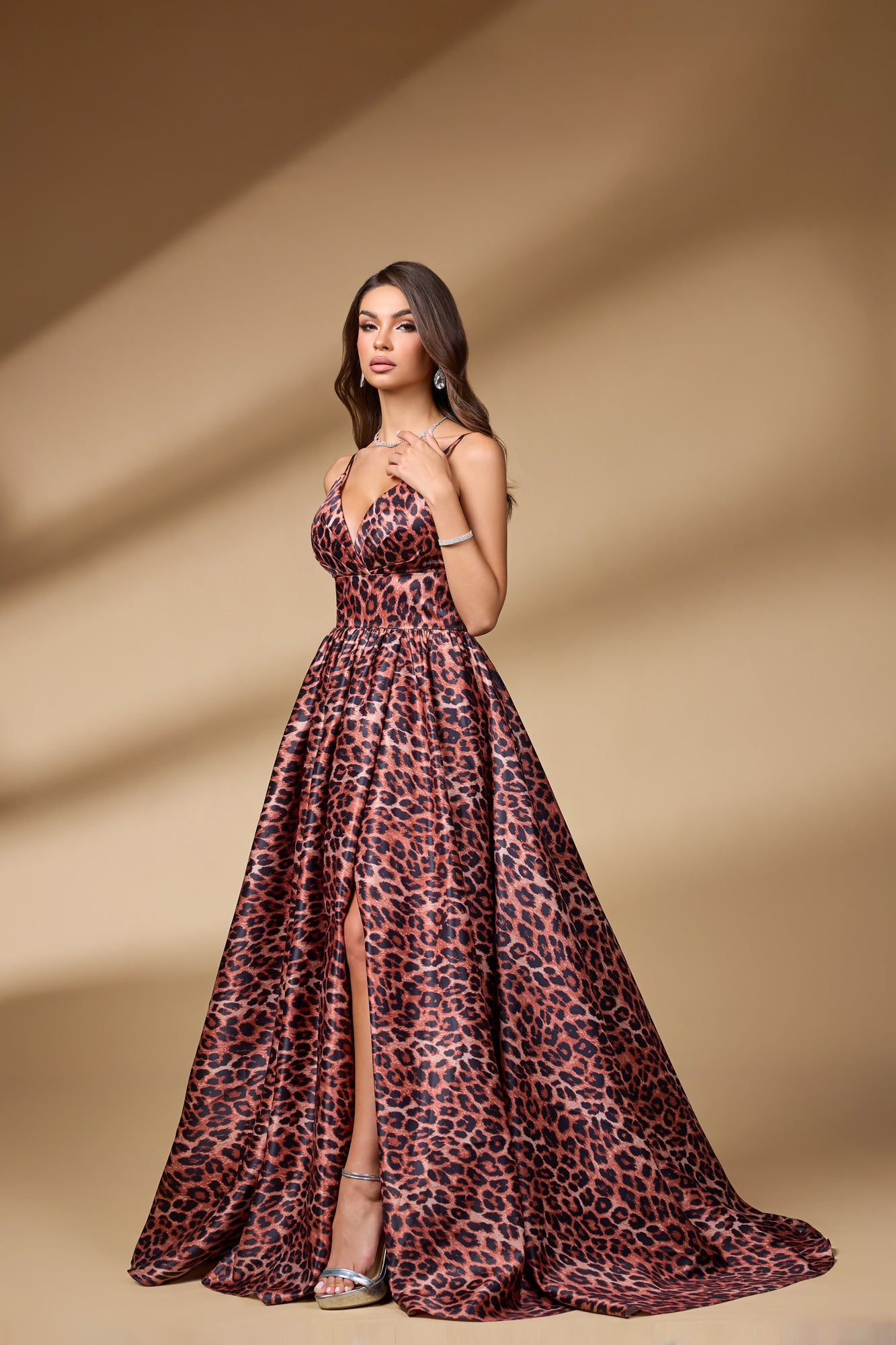 Leopard Print Plunging V-Neck A-Line Prom Dress SH108