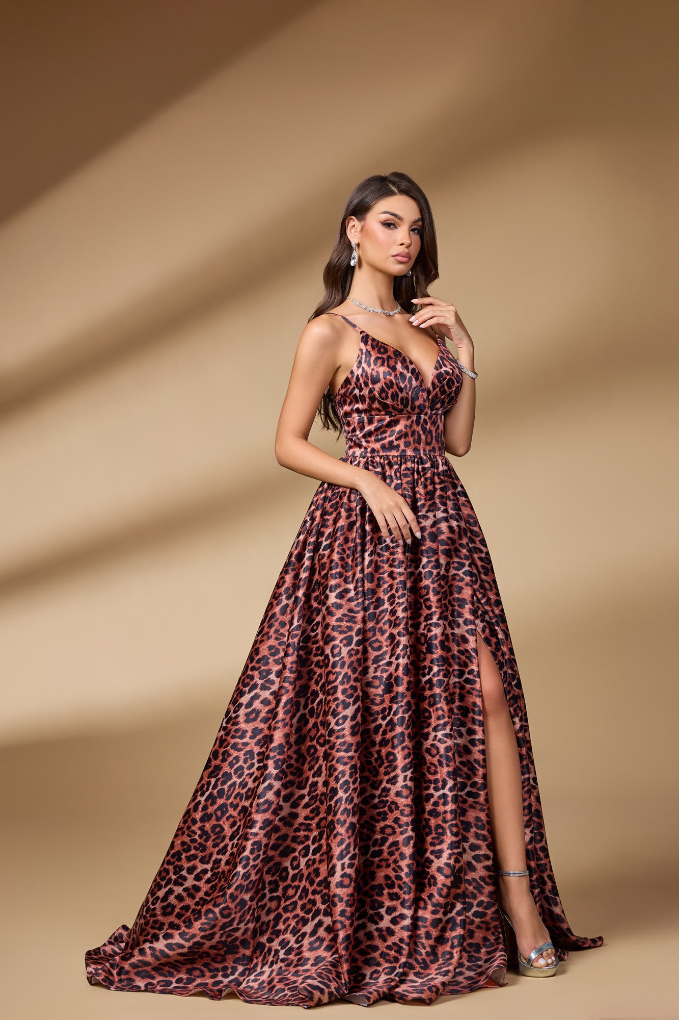 Leopard Print Plunging V-Neck A-Line Prom Dress SH108