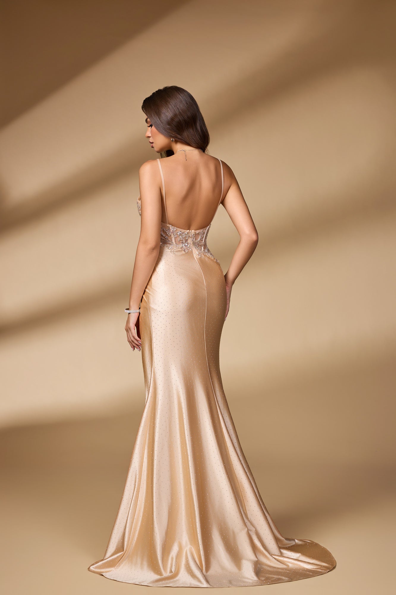Champagne Beaded Plunging V-Neck Mermaid Prom Dress SH115