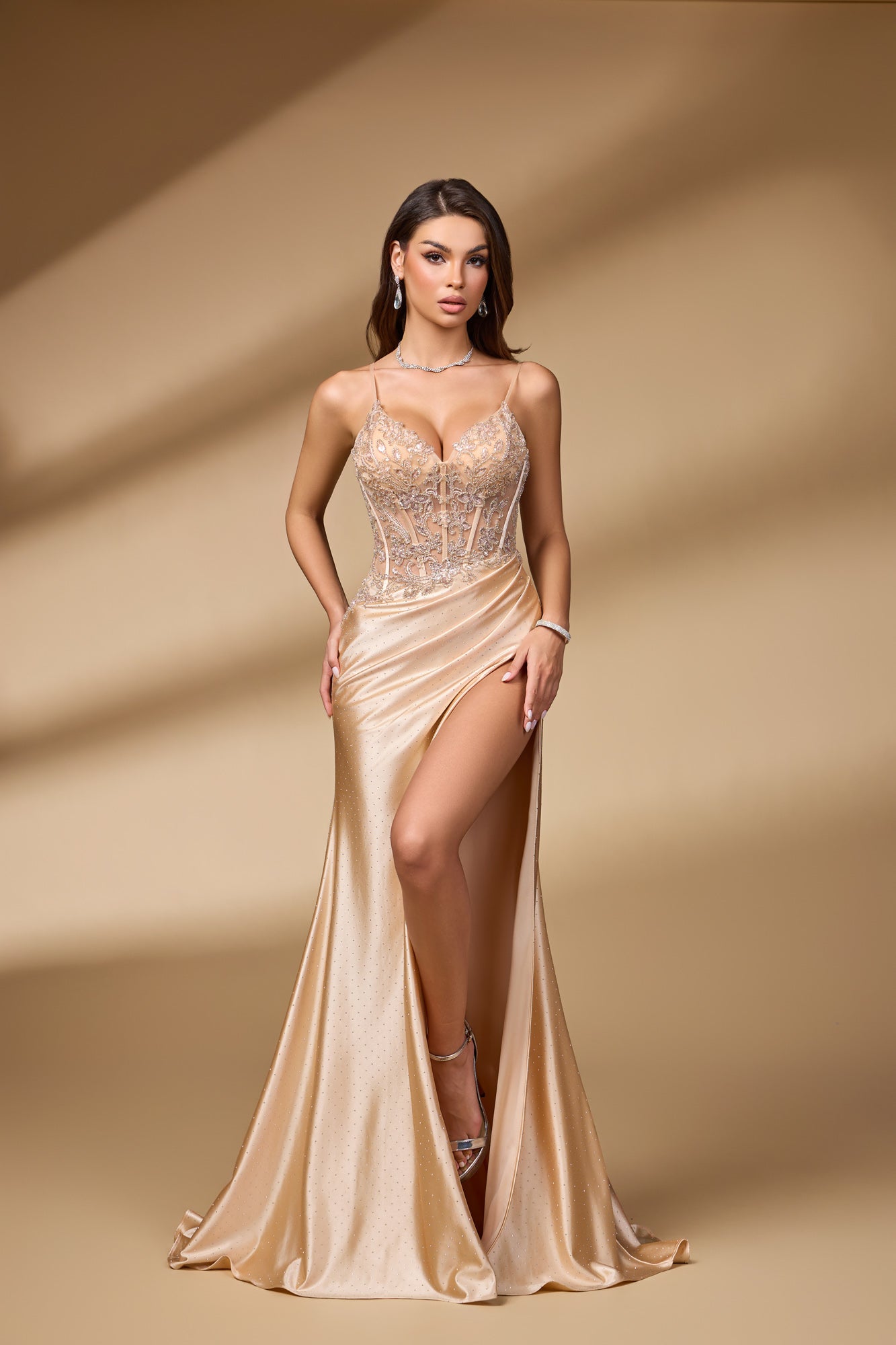 Champagne Beaded Plunging V-Neck Mermaid Prom Dress SH115
