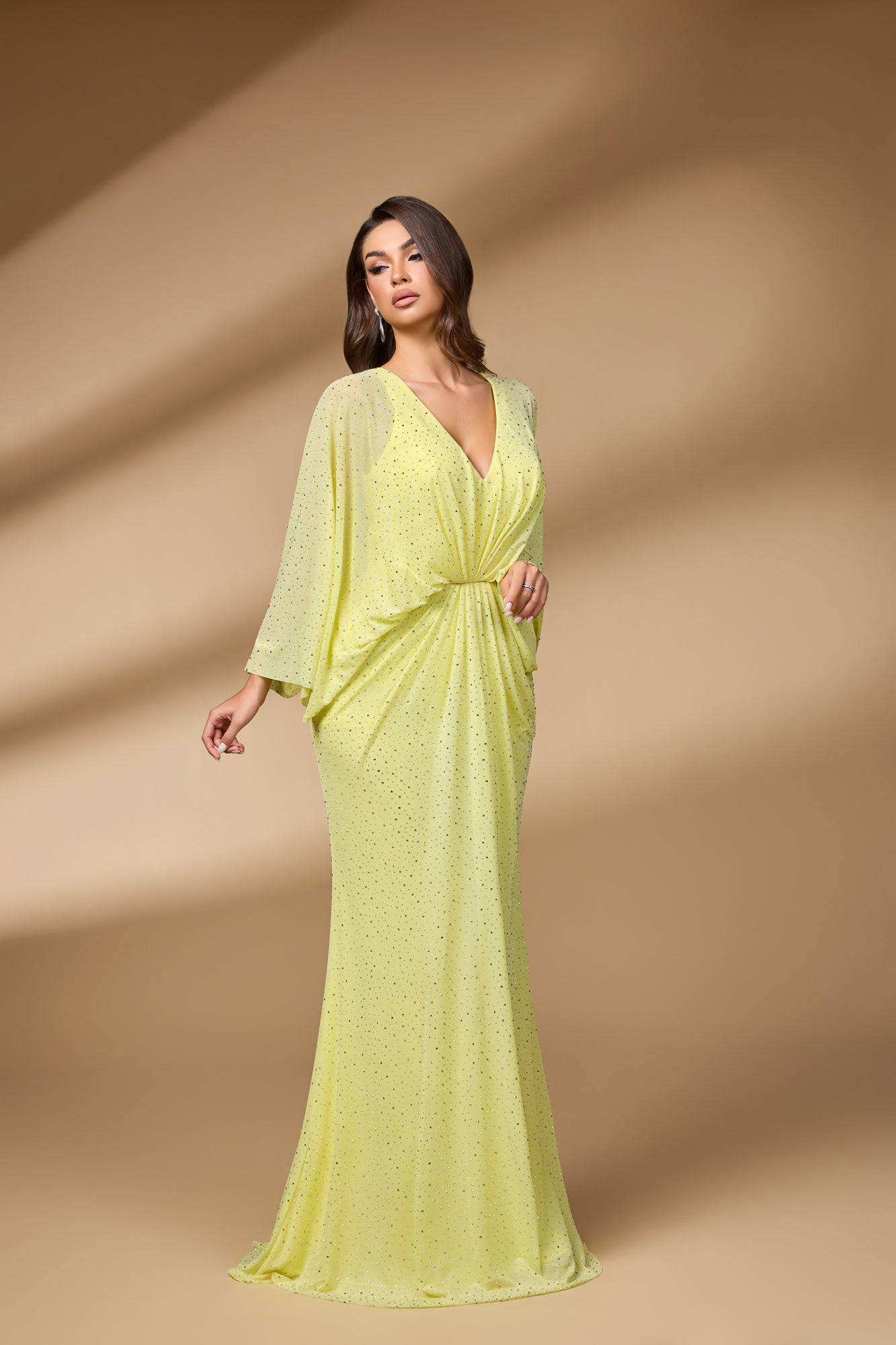 Yellow Plunging V-Neck Batwing Sleeve Sheath Prom Dress SH113