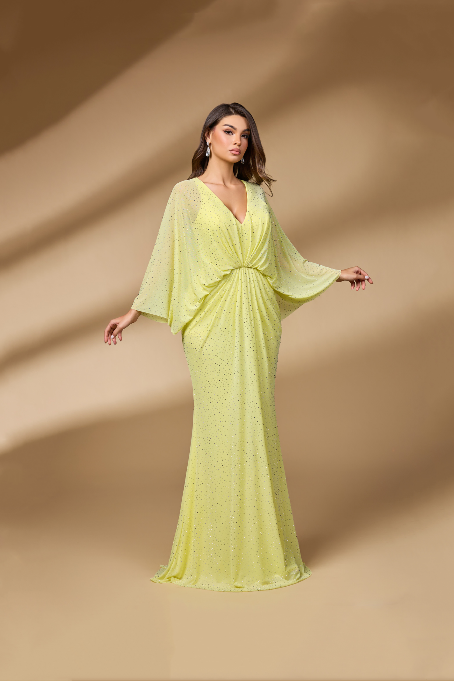 Yellow Plunging V-Neck Batwing Sleeve Sheath Prom Dress SH113