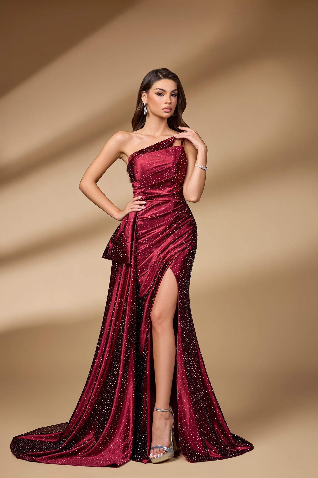 Wine Red Shimmering One-Shoulder Sheath Prom Dress SH114