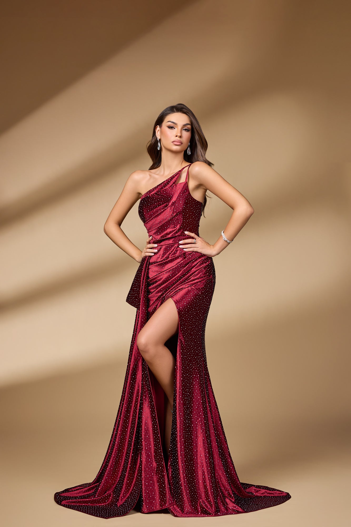 Wine Red Shimmering One-Shoulder Sheath Prom Dress SH114