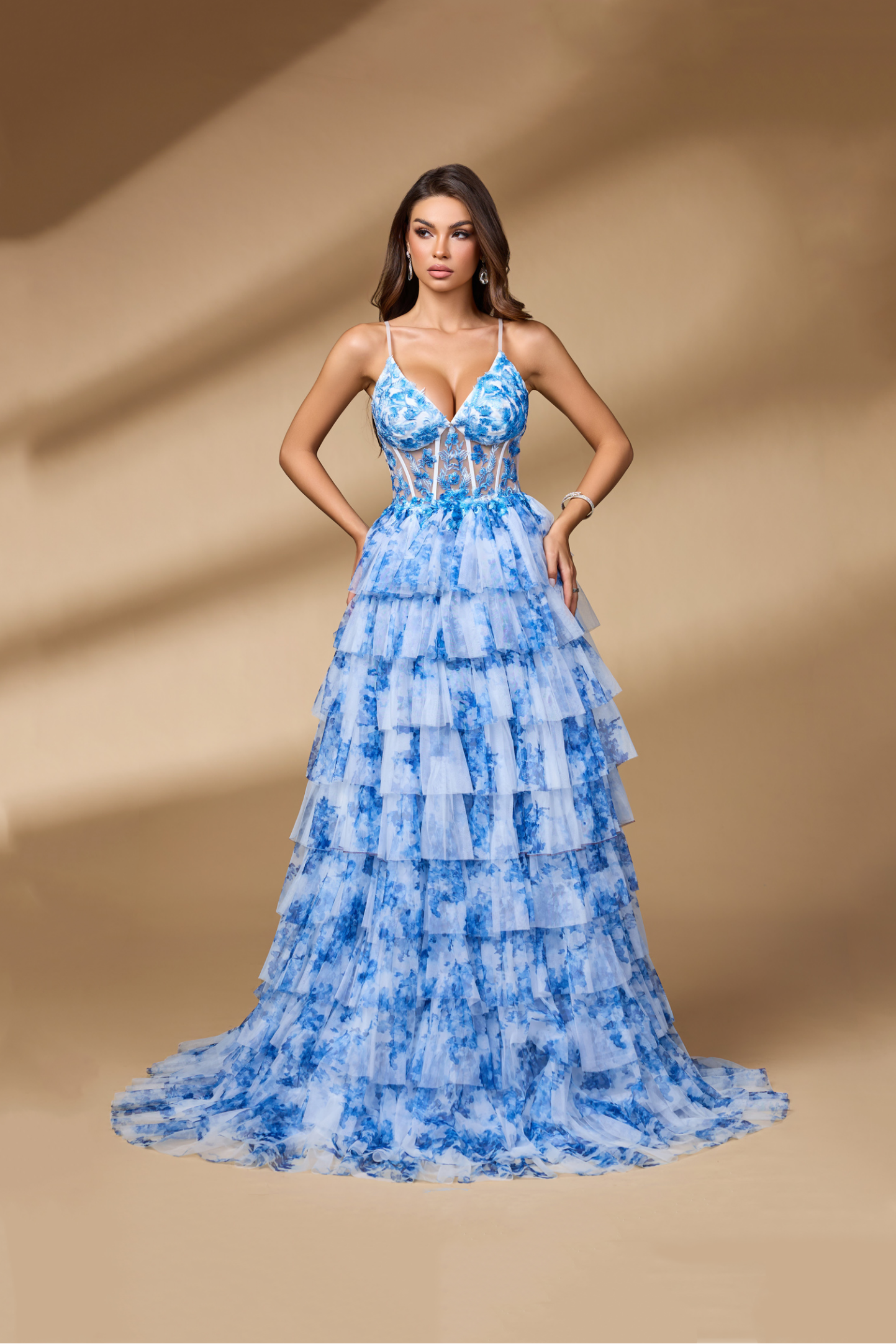 Blue Printed Tiered Tulle A-Line V-Neck Prom Dress SH101