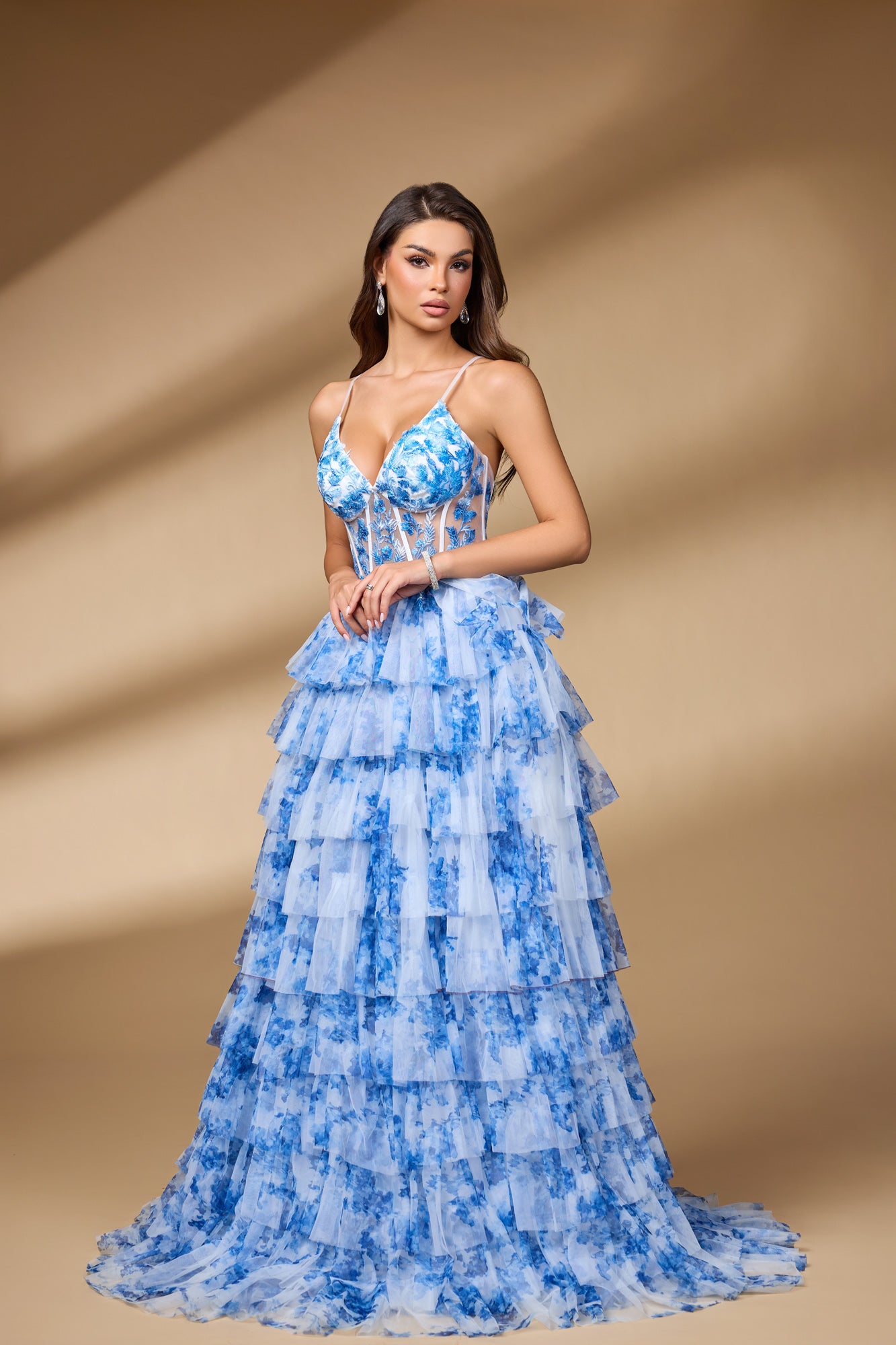 Blue Printed Tiered Tulle A-Line V-Neck Prom Dress SH101