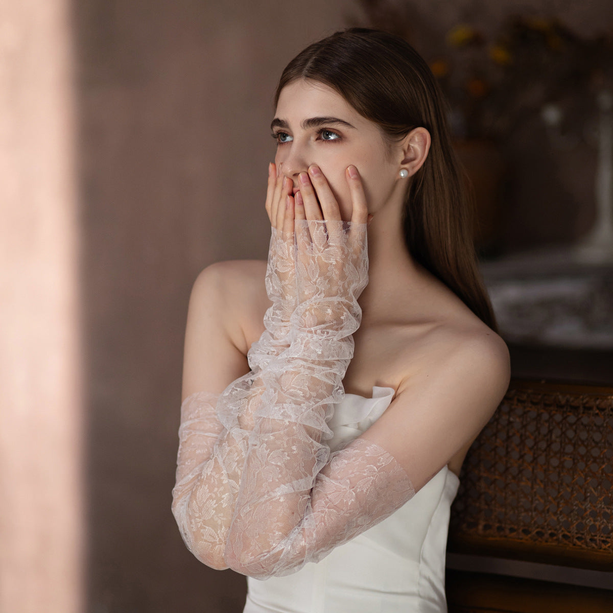 Romantic Floral Lace Ruched Fingerless Opera Gloves White Bride Wedding Evening Party Accessories GL008 SHEER FAIRY