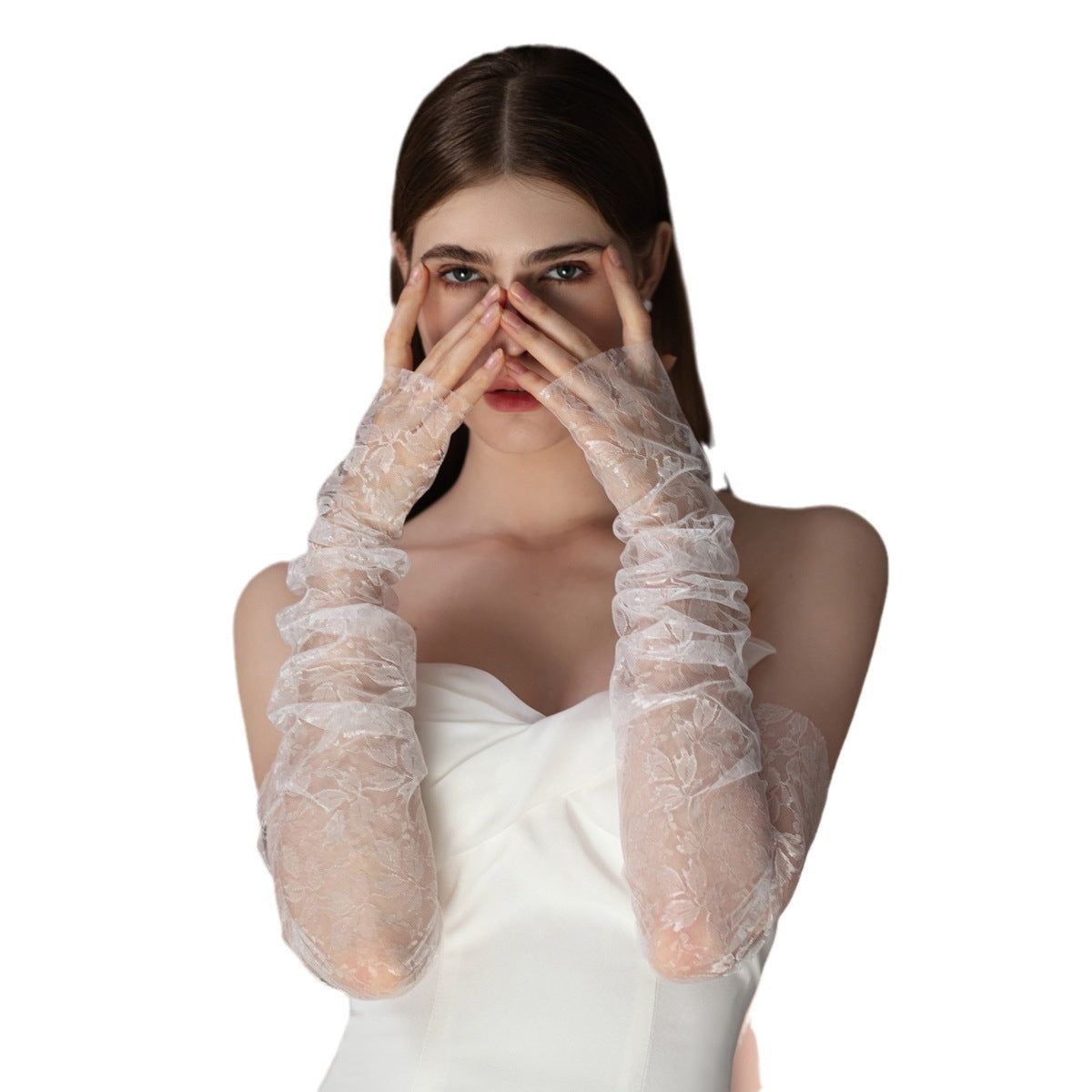 Romantic Floral Lace Ruched Fingerless Opera Gloves White Bride Wedding Evening Party Accessories GL008 SHEER FAIRY