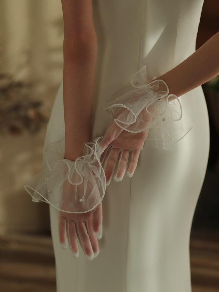 Elegant Ruffled Tulle Pearl Bridal Gloves Short Wrist Length Wedding Sheer Gloves for Women GL010 SHEER FAIRY