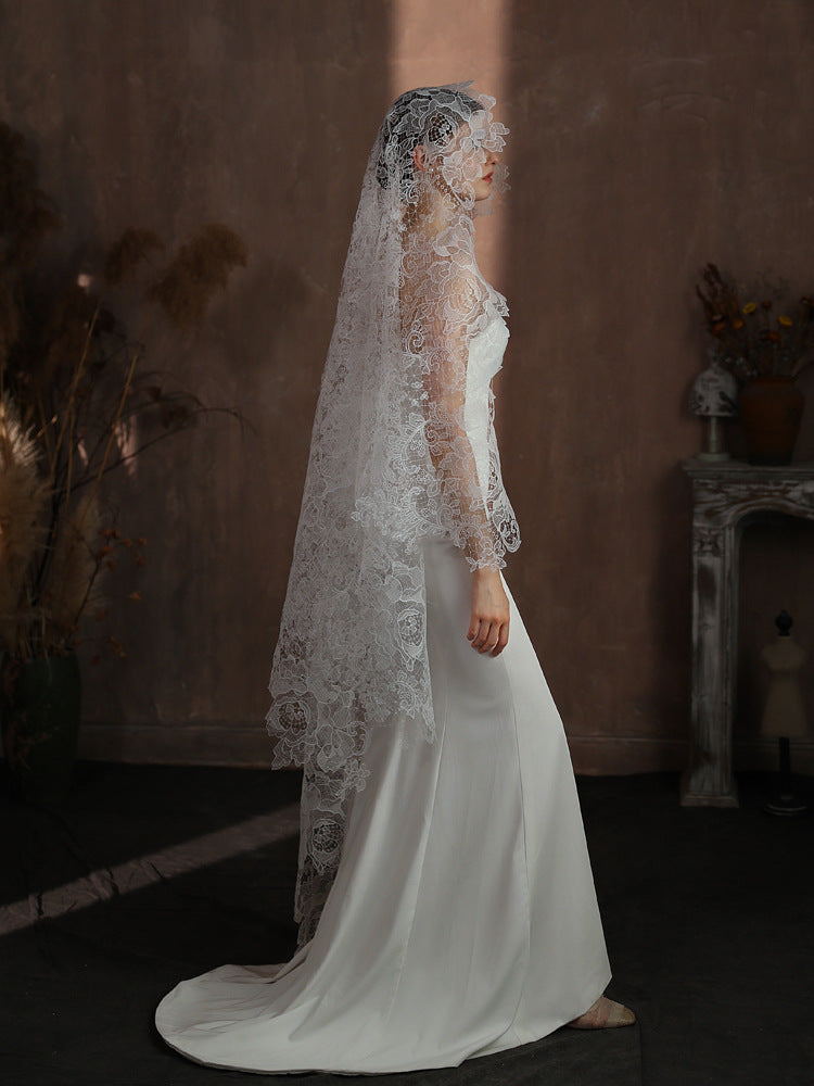 Statement Bold Floral Lace Mantilla Wedding Veil Elegant Scalloped Edge 70.86 Inches Cathedral Bridal Veil BV004 SHEER FAIRY