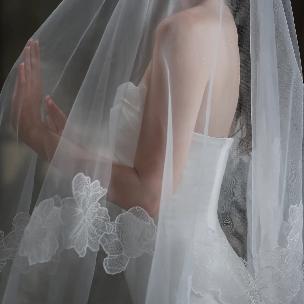 Fingertip Length White Floral Lace Applique Wedding Veil BV007 SHEER FAIRY
