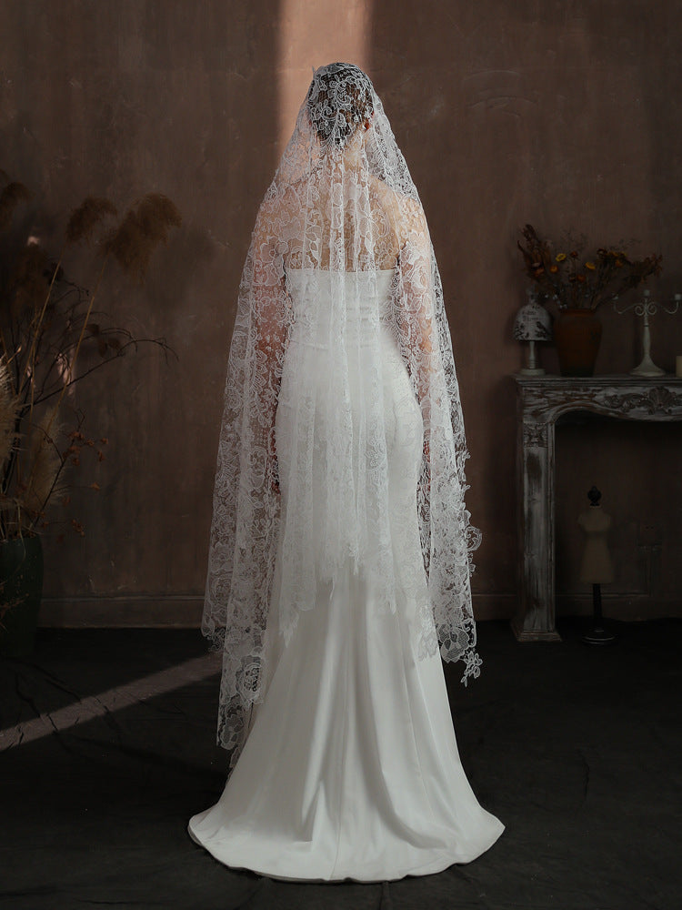 Statement Bold Floral Lace Mantilla Wedding Veil Elegant Scalloped Edge 70.86 Inches Cathedral Bridal Veil BV004 SHEER FAIRY