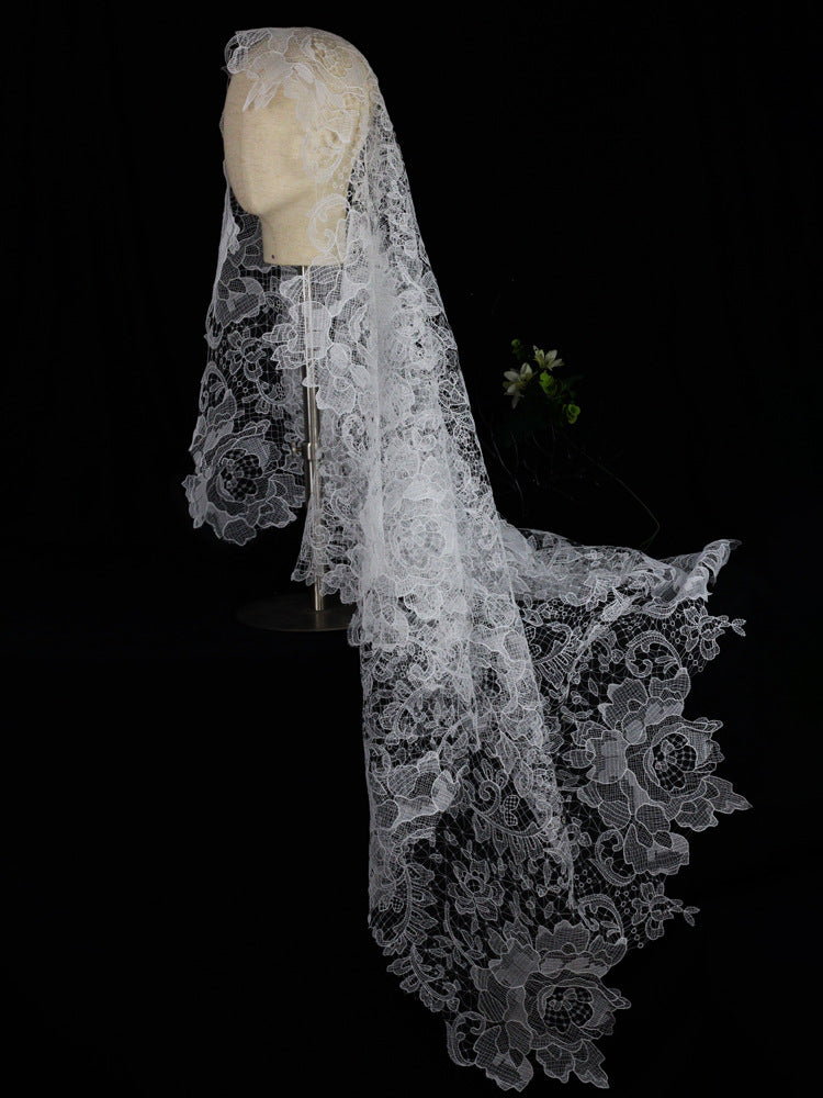 Statement Bold Floral Lace Mantilla Wedding Veil Elegant Scalloped Edge 70.86 Inches Cathedral Bridal Veil BV004 SHEER FAIRY