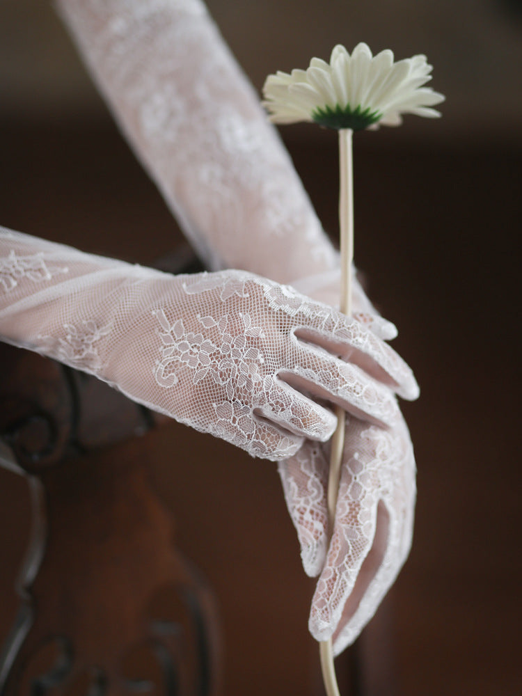Chic Delicate Floral Pattern Lace Long Wedding Gloves White Bridal Arm Sleeves GL007 SHEER FAIRY