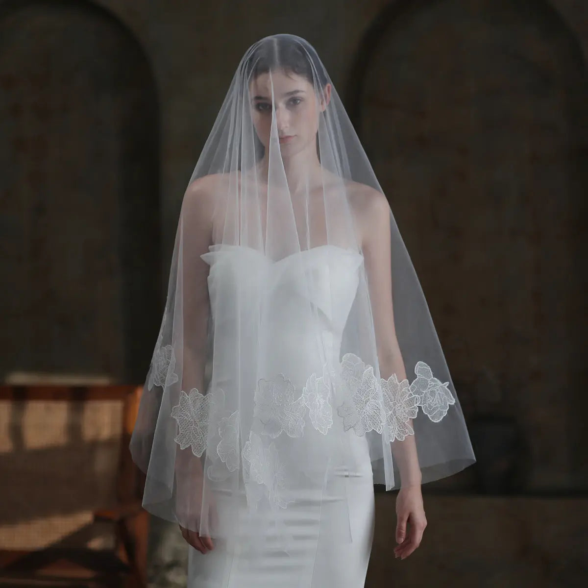 Fingertip Length White Floral Lace Applique Wedding Veil BV007 SHEER FAIRY