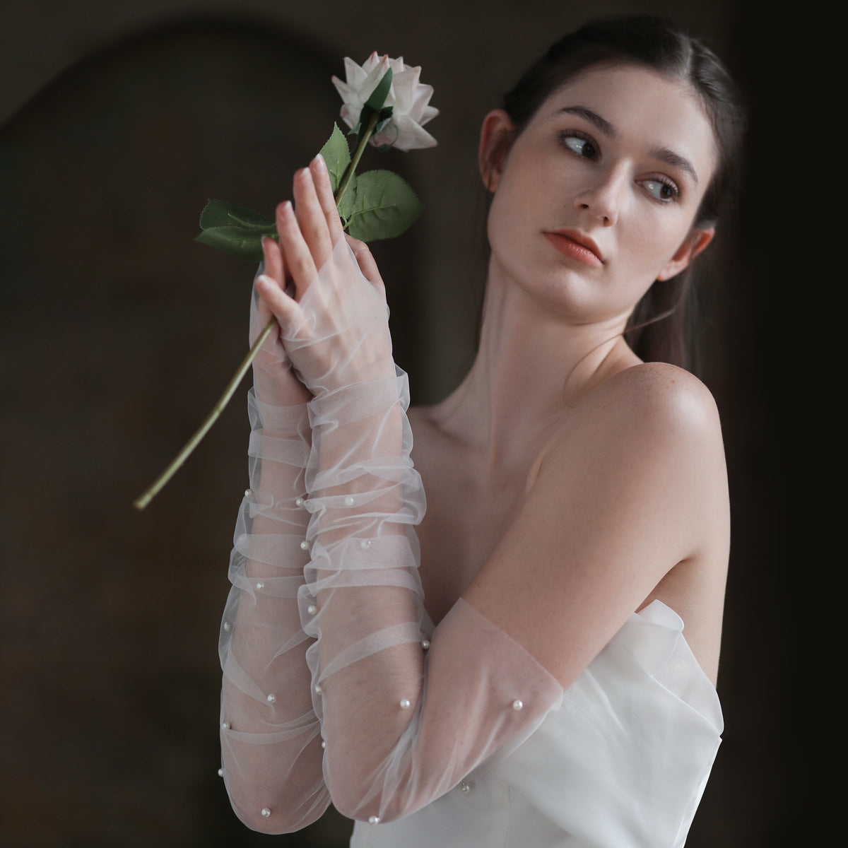 Elegant Sheer Tulle Pearl Beaded Bridal Gloves Ruched Long Wedding Sheer Gloves for Women GL006 SHEER FAIRY