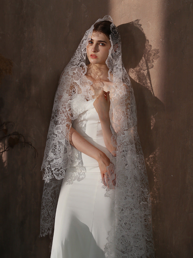 Statement Bold Floral Lace Mantilla Wedding Veil Elegant Scalloped Edge 70.86 Inches Cathedral Bridal Veil BV004 SHEER FAIRY