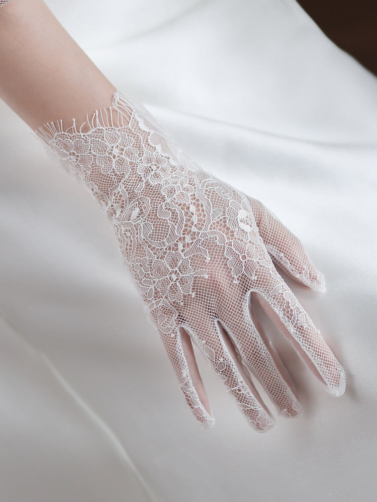 Vintage Floral Eyelash Lace Bride Gloves White Short Wrist Length Evening Tea Party Accessories GL009 SHEER FAIRY
